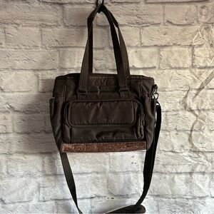 PREOWNED LUG PROMENADE BROWN WITH BROWN GLITTER PURSE TOTE CROSS BODY BAG